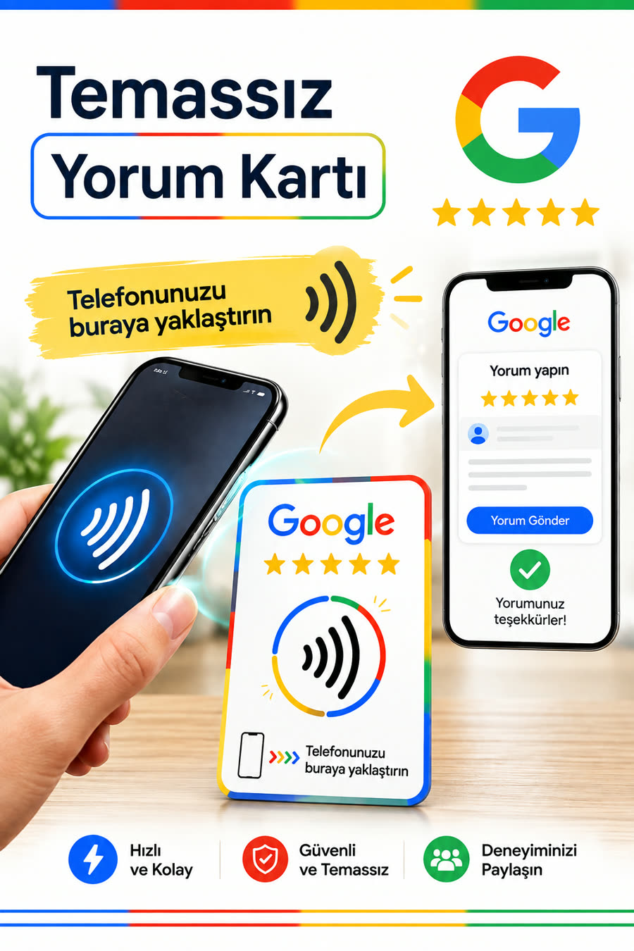 Temassız Google yorum kartı — müşteri telefonunu yaklaştırır, Google yorum sayfası açılır
